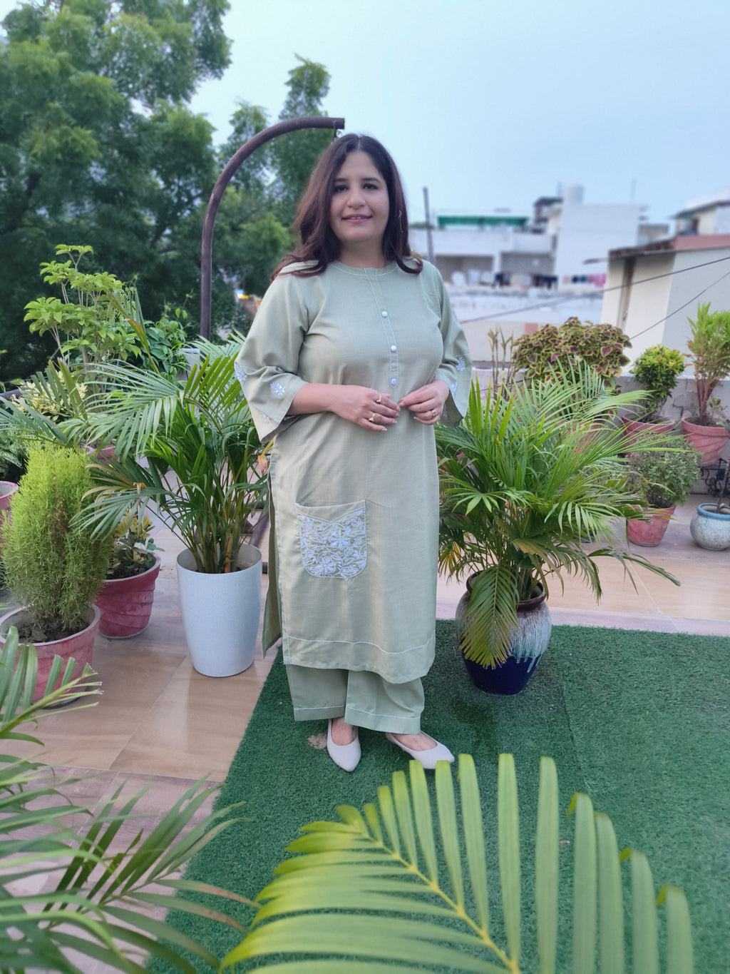 Linen Light Green Chikankari Co-ord Set