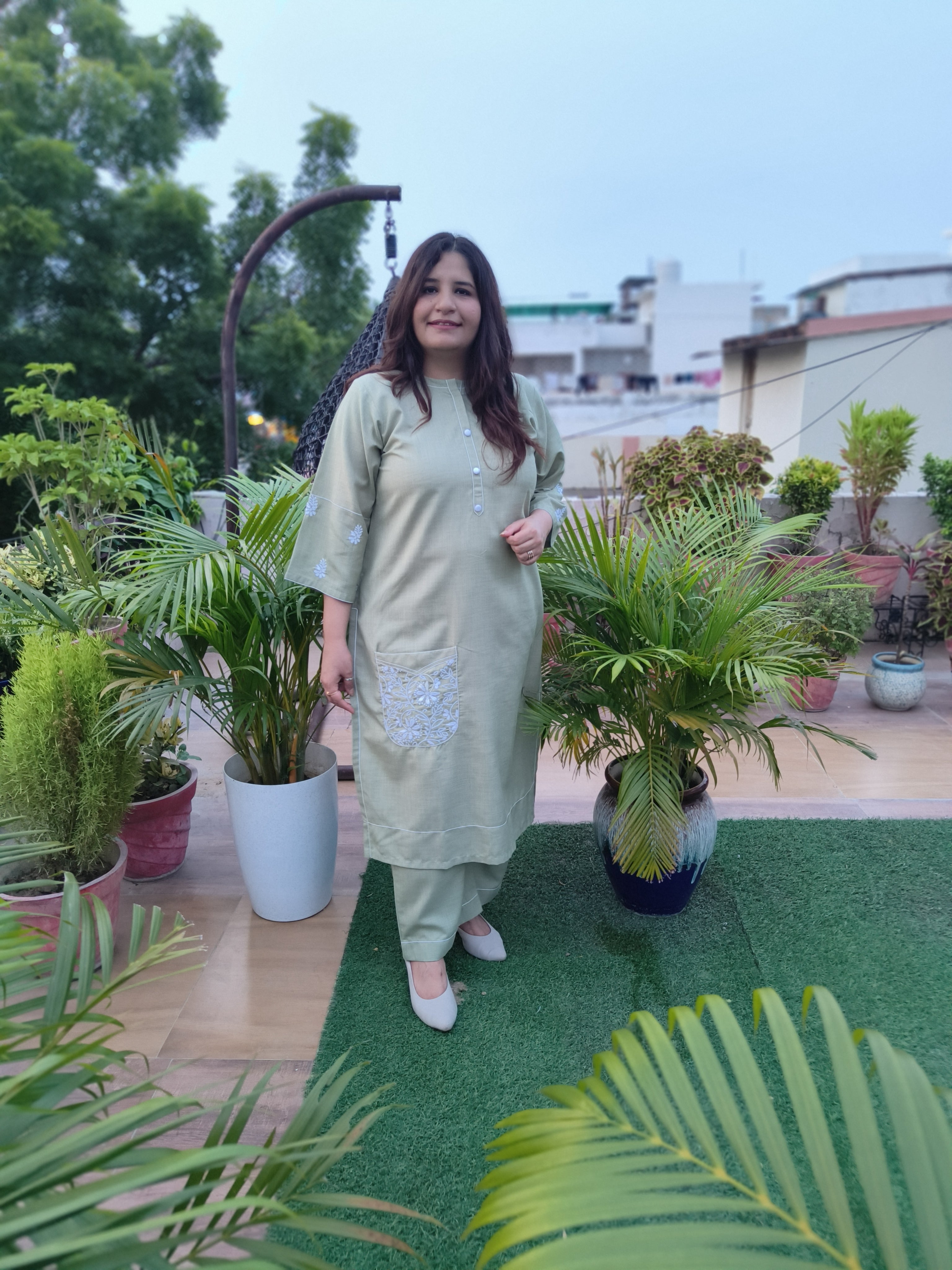 Linen Light Green Chikankari Co-ord Set