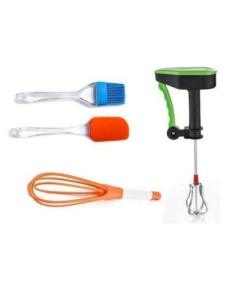 Kitchendesigner Baking Tools Accessories Combo Set Pack of 4-Silicon Basting Spatula, Oil Brush, Power Free Hand Blender/Egg Beater and Plastic Whisk