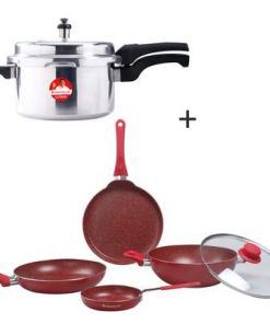 Royal Velvet Aluminium Nonstick Cookware Set (Red) And Ultima Outer Lid Pressure Cooker 5L