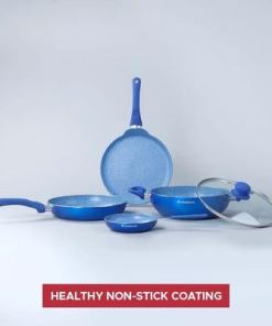 Royal Velvet Non-Stick 5-Piece Cookware Set (Fry Pan With Lid, Wok, Dosa Tawa, Mini Fry Pan) Induction Bottom, Soft-Touch Handles, Virgin Grade Aluminium, PFOA/Heavy Metals Free, 3 Mm, 2 Years Warranty, Blue