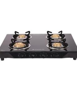 Glory 4 Burner Glass Cooktop, Black 8mm Toughened Glass With 2 Years Warranty, Ergonomic Knobs, Stainless Steel Drip Tray, Manual Ignition Gas Stove