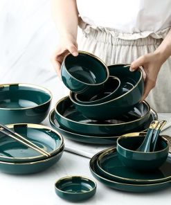 Luxury Plates and Bowls Dish Spoon Dinner Set with Glod Rim Ceramic Salad Ramen Bowl Deep Plate Crockery Green Dinnerware | Wish