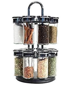 16 REVOLVING MASALA PLASTIC HERBS KITCHEN SPICE RACK CAROUSEL STAND 2 TIER GLASS JARS BACK SILVER CHROME