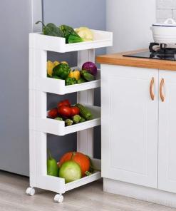 PIYU ENTERPRISE Plastic 4 Tier Kitchen Space Vegetable Storage Folding Saving Organizer Shelf/Shelves/Rack with Wheels White