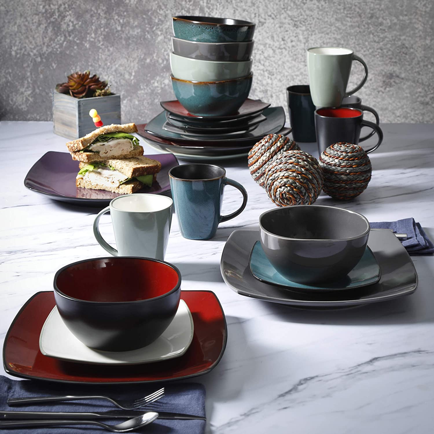Gibson Home Soho Lounge Square Stoneware 16-Piece Dinnerware Set, Red - Image 5