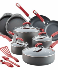 NONSTICK COOKWARE POTS AND PANS SET, 15 PIECE, GRAY WITH RED HANDLES..
